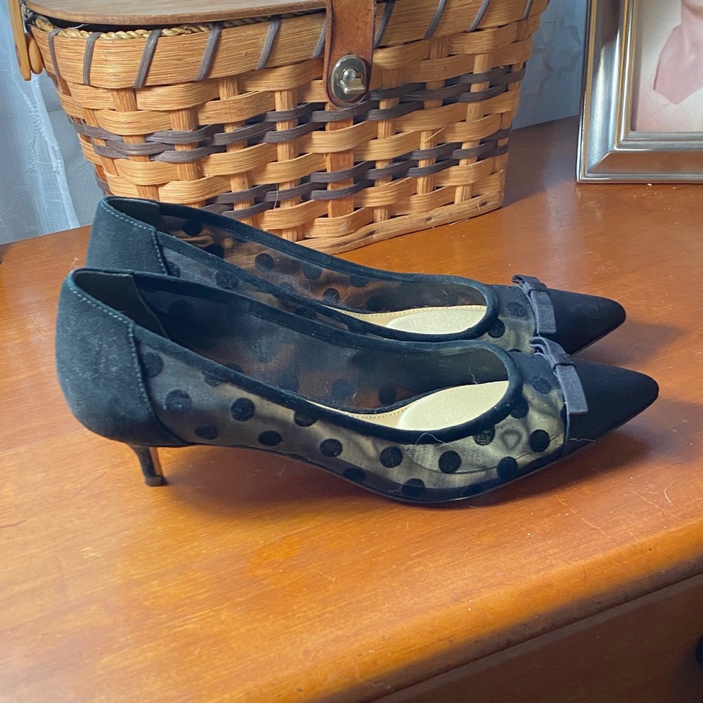 Talbots Black Polka Dot Mesh and Suede Kitten Heels - Picture 1 of 2